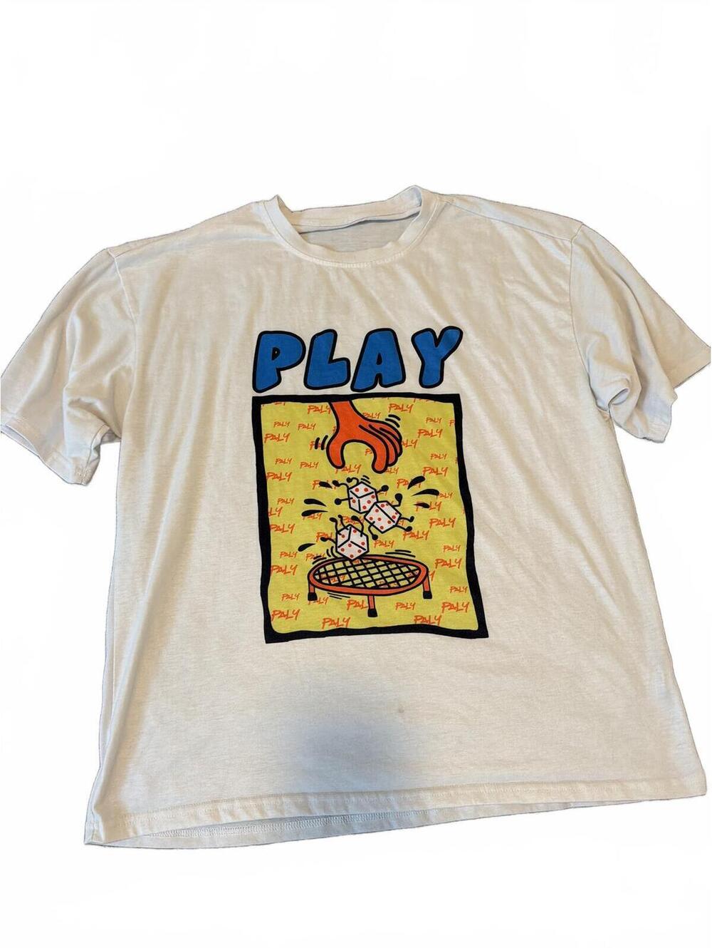 Shein Mens Large White PLAY Graphic T-Shirt Casual Fun Print